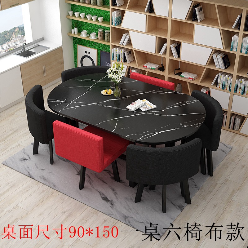 150*90 Mesa de escritorio con patrón de piedra negra 0 tela roja y negra Una mesa y seis sillas