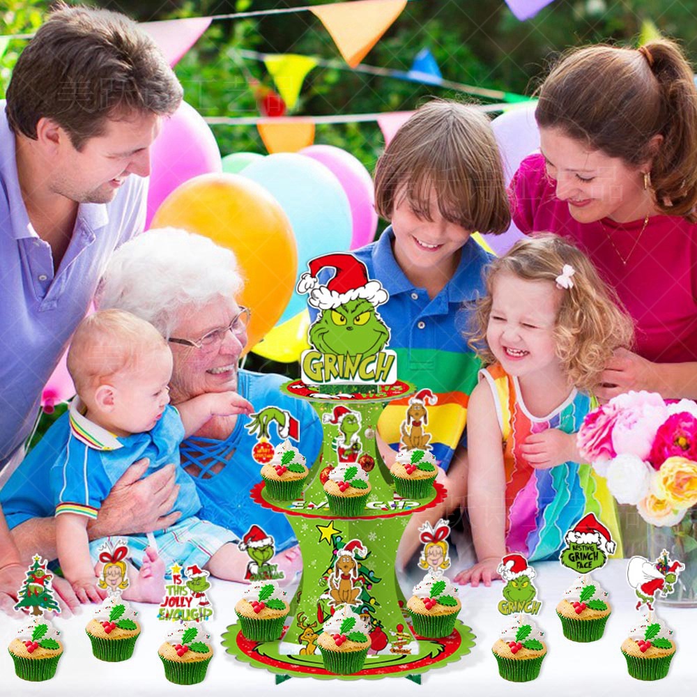 Decoración de fiesta de Navidad de Europa y América Grinch multi-capa titular de la torta de piel verde monstruo de inserción de tarjeta de pastel postre decoración de la Mesa