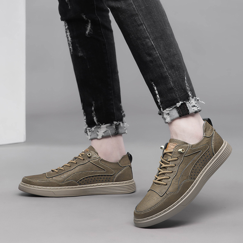 Otoño verano hombres zapatos de punta redonda superficie de piel de vaca transpirable nueva perforación casual zapatos blancos bajo la zapatilla de deporte superior