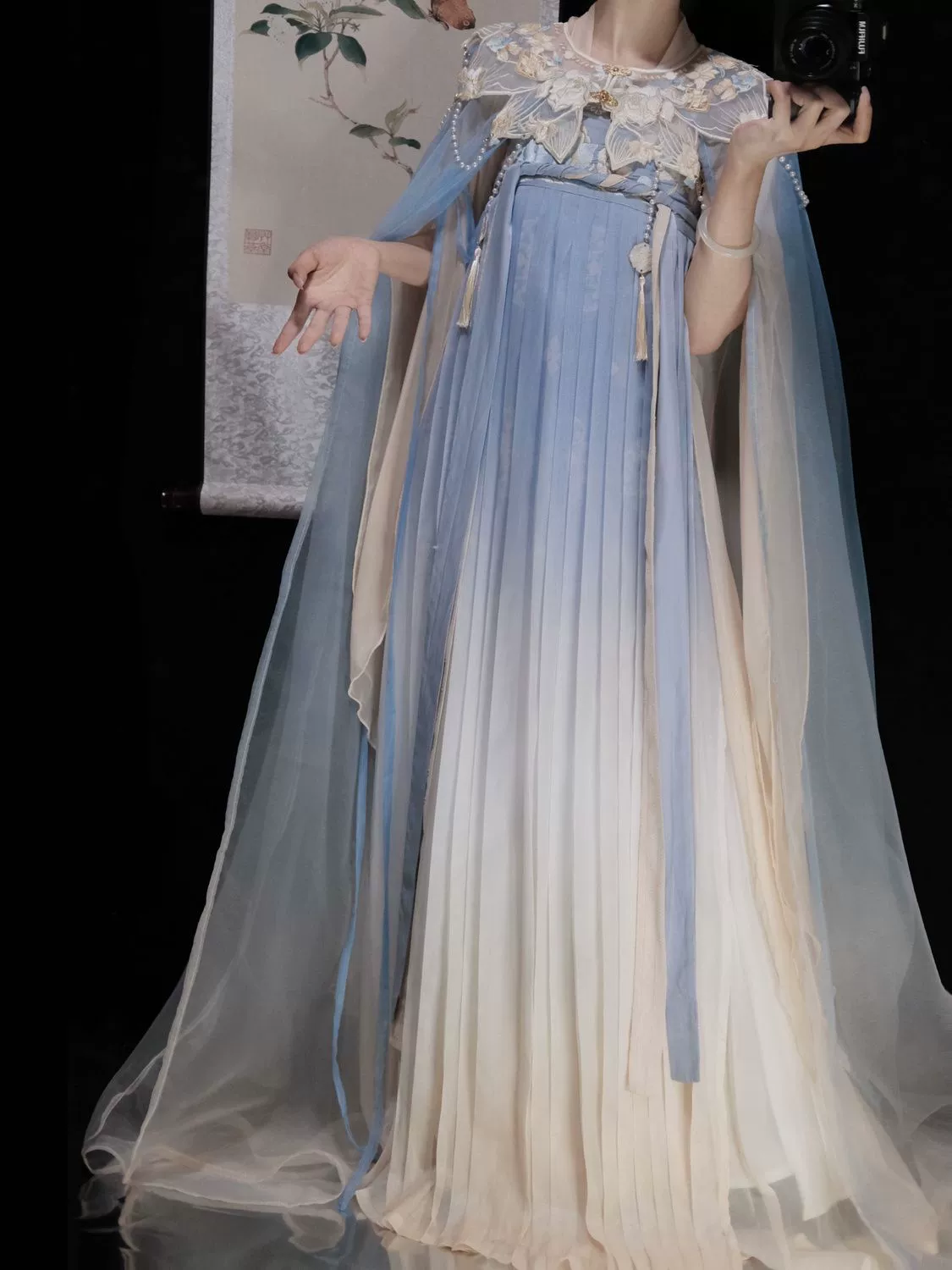 Новый танский стиль Hanfu, комплект из 6 предметов — степная юбка с двойной застёжкой, облачный плащ, рваные рукава, S–L