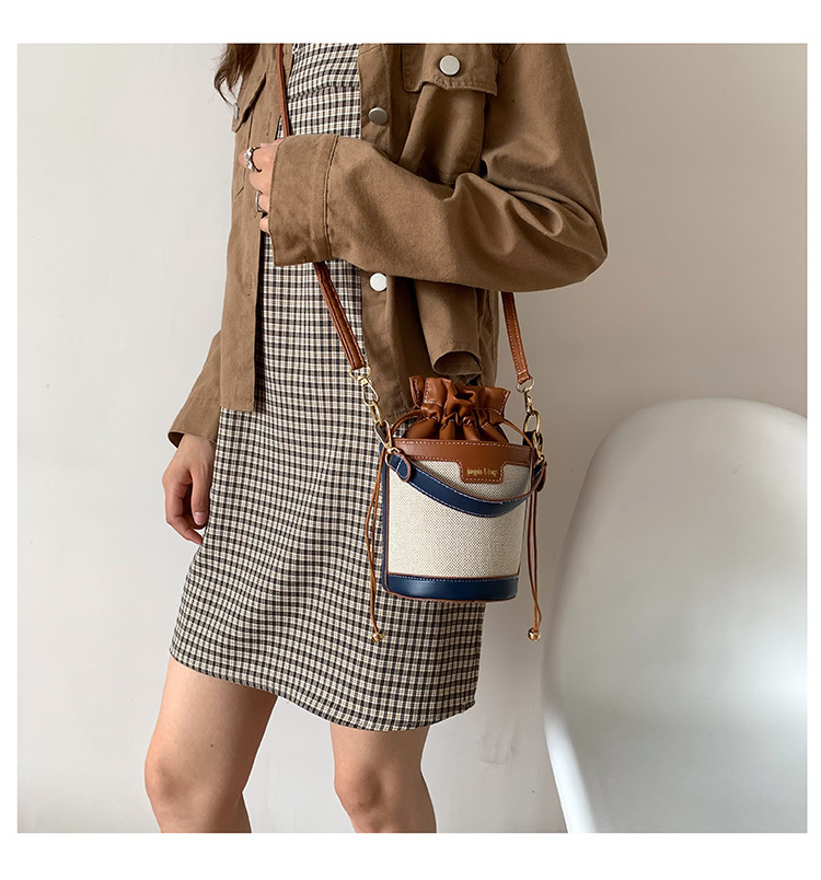 String Closure Type Women's Medium Pu Leather Color Block Streetwear Sewing Thread Bucket String Bucket Bag