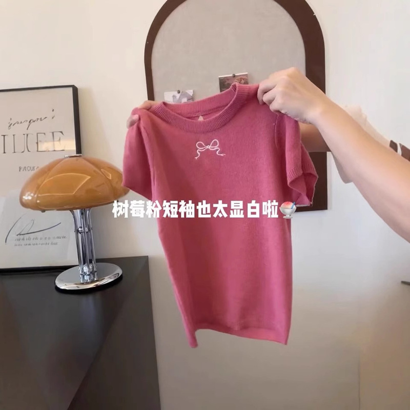 ラズベリーパウダーバックリボン中空ニット半袖Tシャツレディース2025夏新作ラウンドネックショルダートップトレンディ|undefined