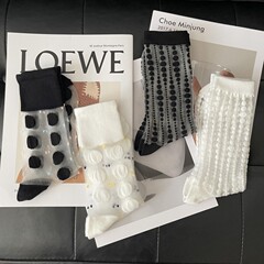 21新款夏季透明鏤空黑白波點個性水晶絲襪歐美時尚走秀中筒卡絲襪