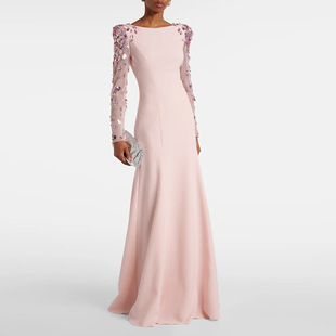 Spot European and American Star Evening Dress Long Dress 2025 New Mesh Sleeves Sequin Beaded Diamond Long Dress