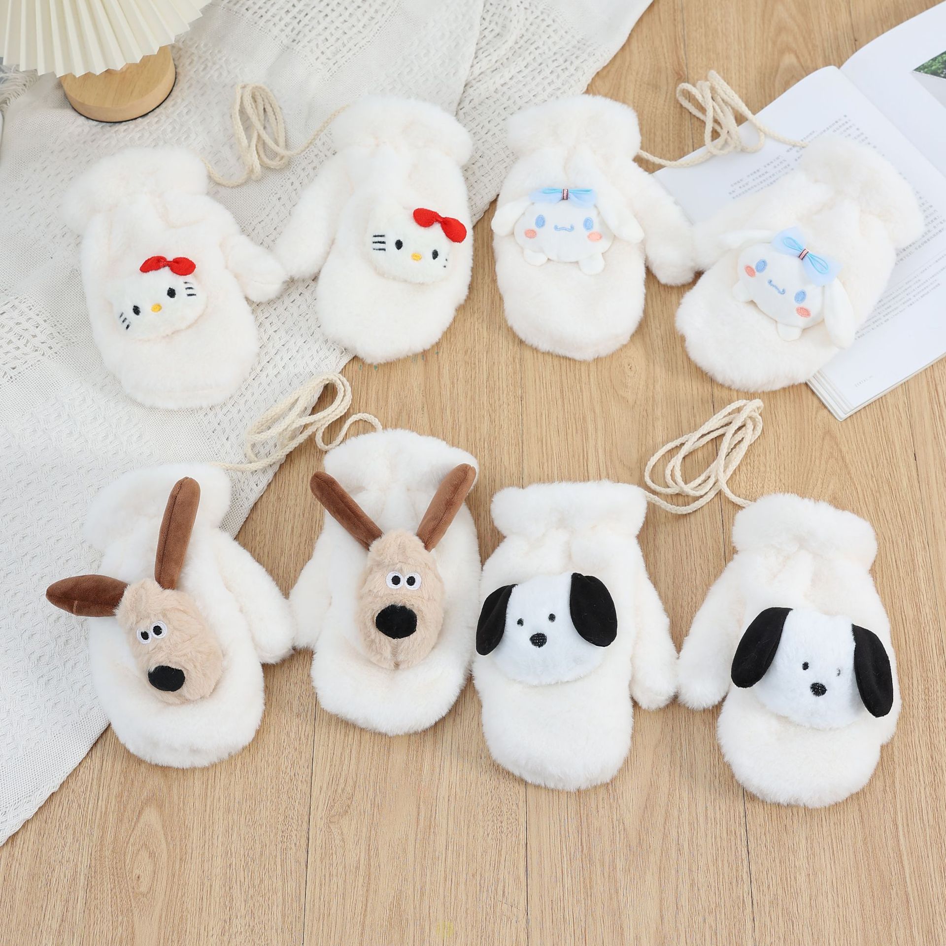 韩国ins可爱毛绒手套女冬季卡通小狗学生加厚防寒挂脖保暖连指萌