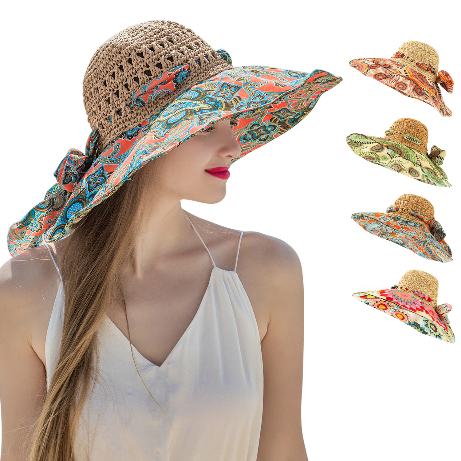 Vacation Graffiti Straw Bow Knot Straw Hat Bucket Hat display picture 1