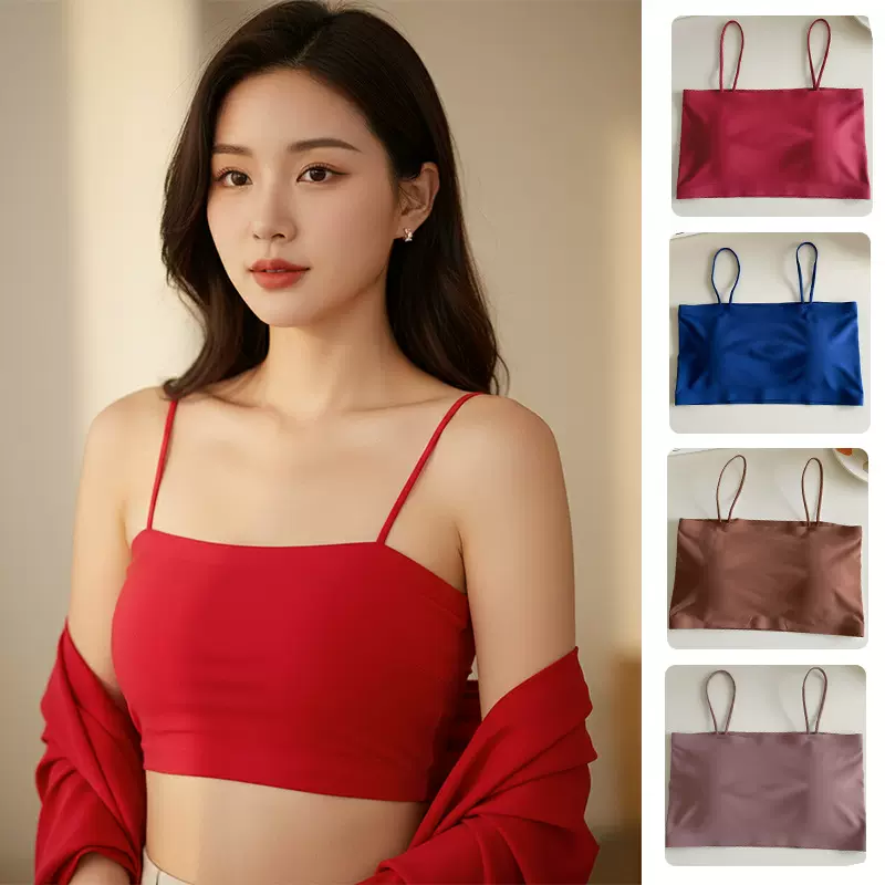 短款无痕冰丝吊带背心带胸垫舒适透气无钢圈美背内衣打底裹胸抹胸