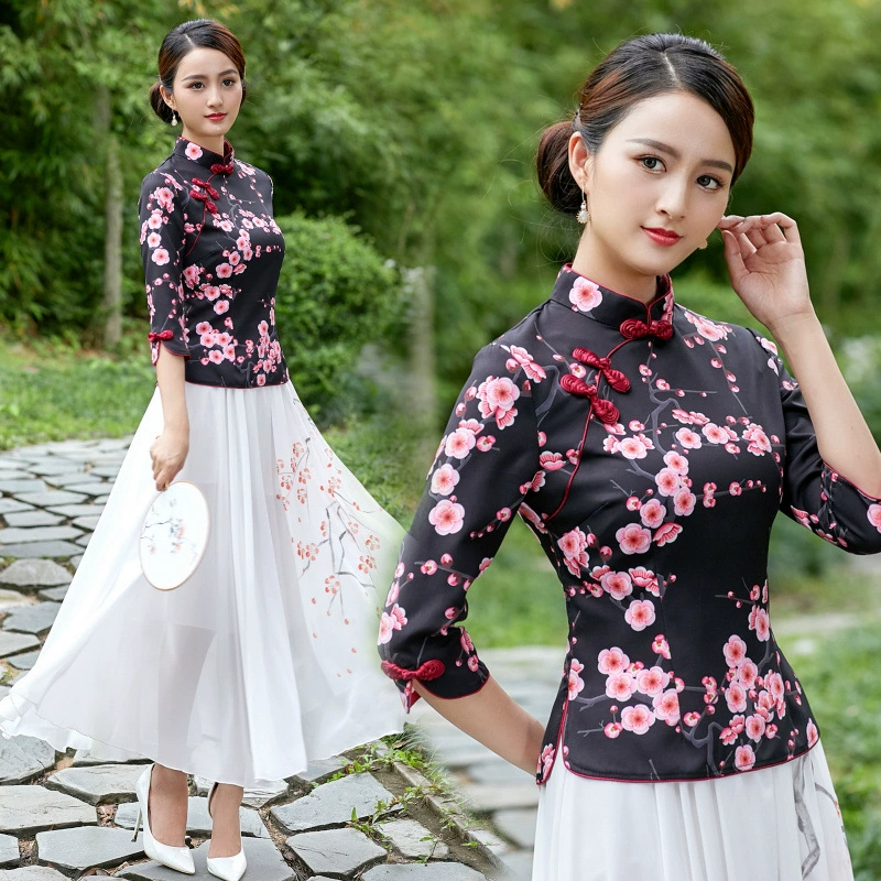 Китайский стиль элементы этнического стиля 2025 новый изысканный принт свежий элегантный древний шарм китайский чонсам топ