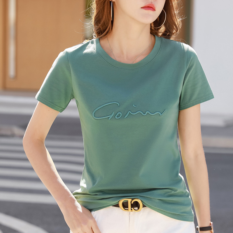 Women Green Embroidered Loose T-Shirt Summer Korean Style