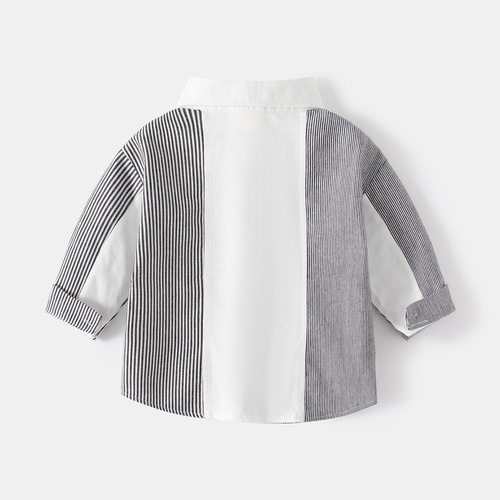Spring Children's Color Block Casual Shirt, Collared Cool Long-Sleeved Shirt, Grey Striped Boys' Fashion Shirt