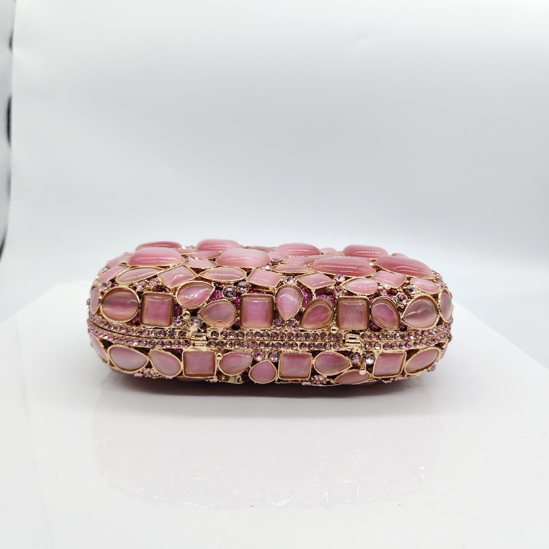 Túi clutch nữ cầm tay dạ tiệc đính đá mắt mèo kim loại rỗng phong cách Âu Mỹ — Màu hồng, màu đỏ tía, Cá tính đặt làm
