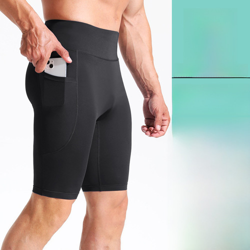 High-waisted fitness shorts for men with zipper pockets, sporty tight leggings, breathable and highly elastic, running and fitness five-pocket pants