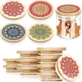 酸奶盖彩图曼陀罗花型竹盖密封罐盖竹木盖布丁瓶酸奶盖竹制圆形