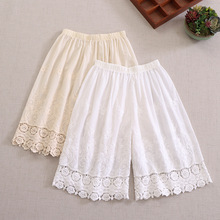 日系森女系 纯色复古蕾丝松紧腰拼接棉麻五分裤女直筒裤显瘦 批发