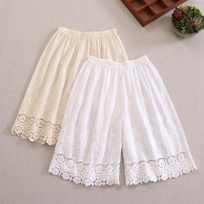 日系森女系 纯色复古蕾丝松紧腰拼接棉麻五分裤女直筒裤显瘦 批发