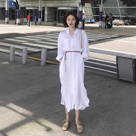 H23756秋冬新款法式小众显瘦衬衣中长款连衣裙女港风白色衬衫长裙