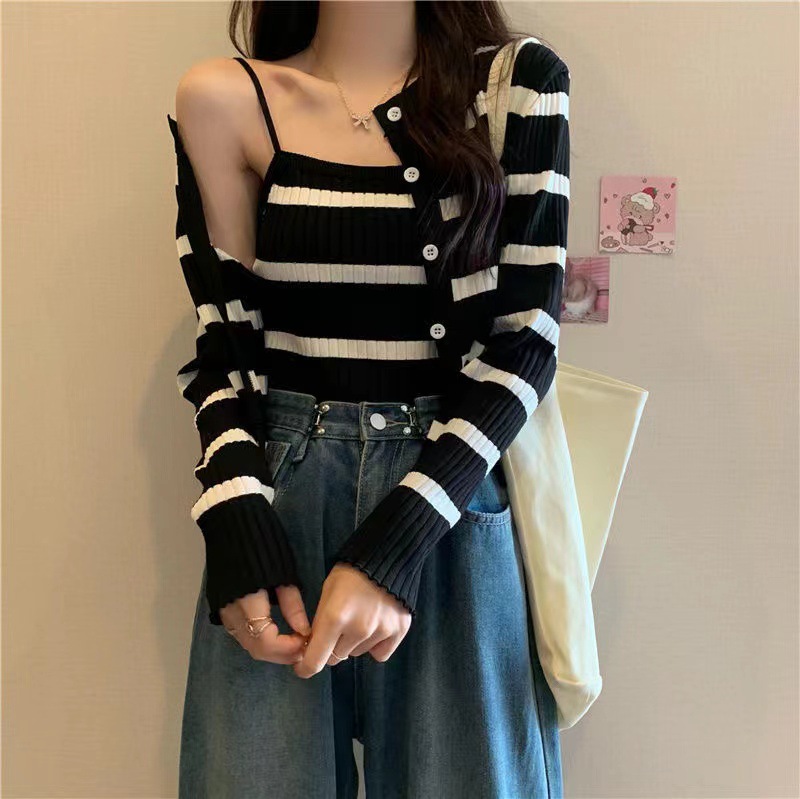 81g Weight Long Sleeve Sleeve Length Single Breasted Placket Type Ice Silk, Polyester Fabric Type Short Top Length Knitwear Tops Type Daily Occasion Round Neck Neckline Slim Fit Type Stripe Pattern Spring, Autumn Season Women's Gender Casual Style Wholesale Women's Ice Silk Polyester Casual Stripe Long Sleeve Sweaters & Cardigans 11