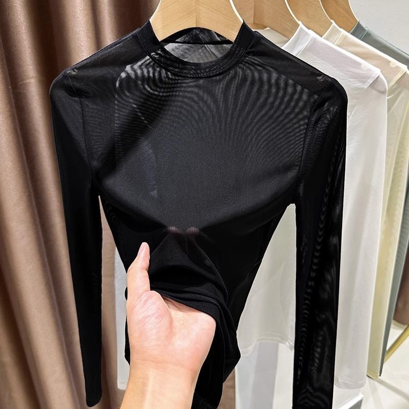 High-End Mesh Bottoming Shirt for Women in Autum Black Transparent Gauze Slimming Look Small Stand-Up Collar Long-Sleeved Lace Top Thin