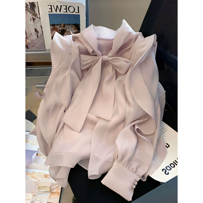 Французский бант с рюшами рубашка женский 2025 новый стиль иностранного стиля
