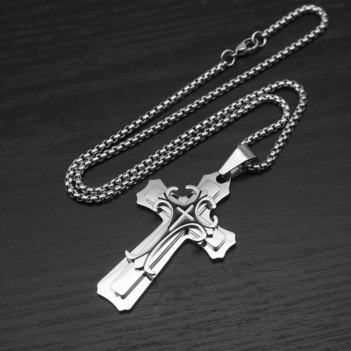 Cross-border personality domineering three-layer cross pendant punk hip-hop European and American long trendy men's titanium steel necklace
