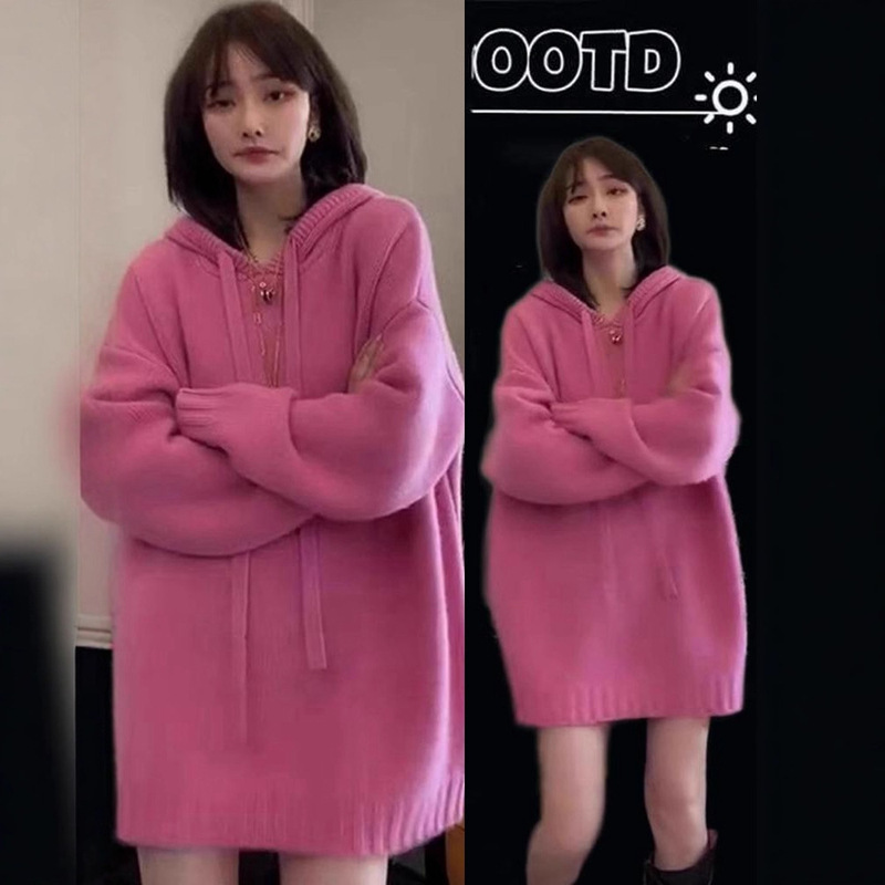 Hooded Sweatshirt Women's Autumn and Winter Thickeneded 2025 New Loose Lazy Style Mid-Length Knitwear Knitwear Jacket Top