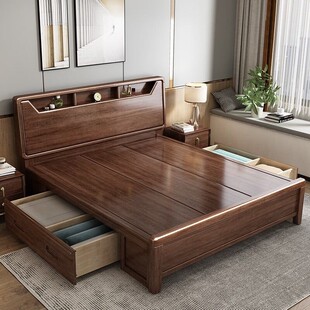 New Chinese walnut solid wood bed 1.8 meters double storage bed 2 x 2.2 meters big bed bedroom 1.5 meters drawer bed
