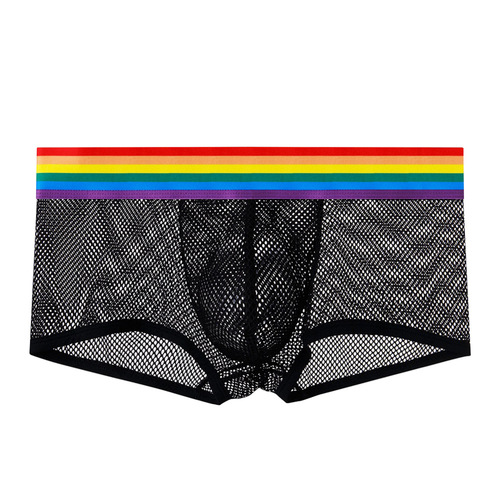 Men's Low-Waist Sexy Sheer Underwear Rainbow Belt Breathable Straight Leg Panty Sexy Sheer Erotic Lingerie