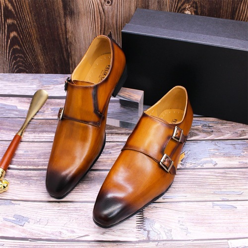 Men's Leather Shoes Genuine Leather Buckle Monk Shoes Business Formal Shoes Brown Black Pointed Toe Handmade Leather Shoes for Men