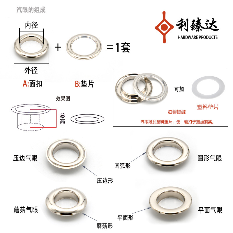 銅製の丸い目玉付きボタン、エアホール、広告用ファイルバッグ、靴や帽子用X型スタンド、中空鋲、金属製ボタン、穴あきボタン