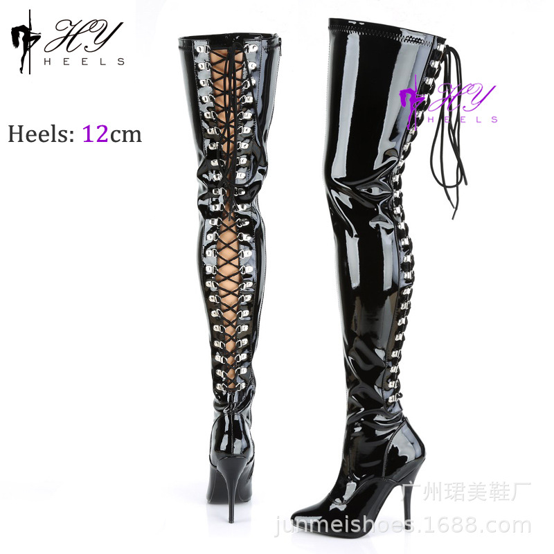 Bốt da sơn mài dây chéo cổ siêu cao quá gối, gót nhỏ 12 cm, buộc dây xà cạp — Màu đen, Màu hồng, Màu đỏ hoa hồng, Màu trắng