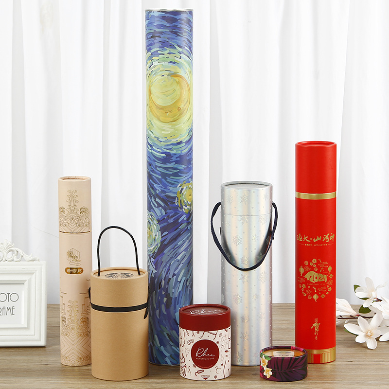 食品茶叶包装纸罐创意圆形手提牛皮纸筒烫金挂历礼品印刷圆桶