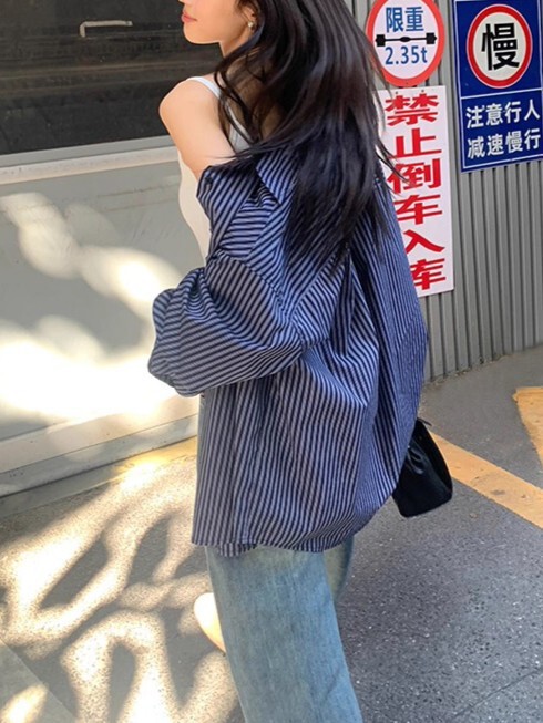 pusumede"高智学姐" 宽松条纹衬衫女高级感长袖衬衣休闲气质上衣|undefined
