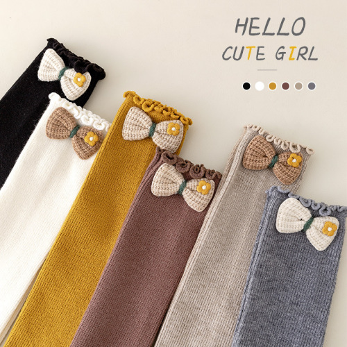 Children's Crew Socks for Fall and Winter, Korean Style, Solid Color with Small Floral Butterflies and Lamb Wool, Wholesale Baby Socks