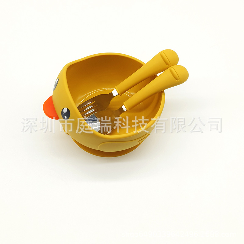 Cuenco de silicona pato suplemento alimenticio Tazón traje 316 tenedor cuchara lindo pollo lechón tazón de bebé resistente a la caída Tazón de cuchara traje