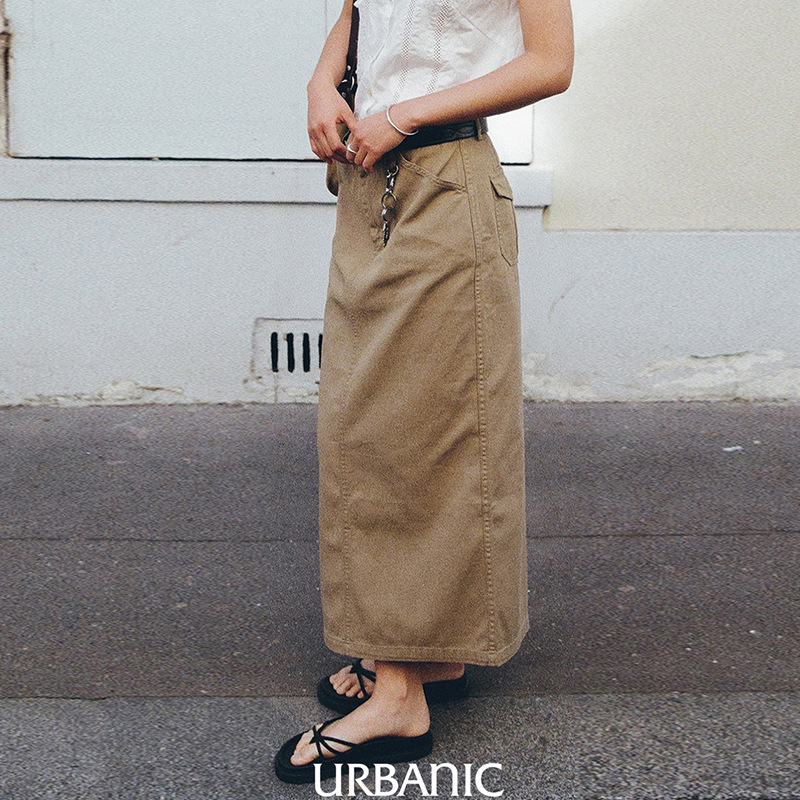 现货urbanic30高腰半身裙女 25SS新款法式复古卡其过膝直筒中长裙