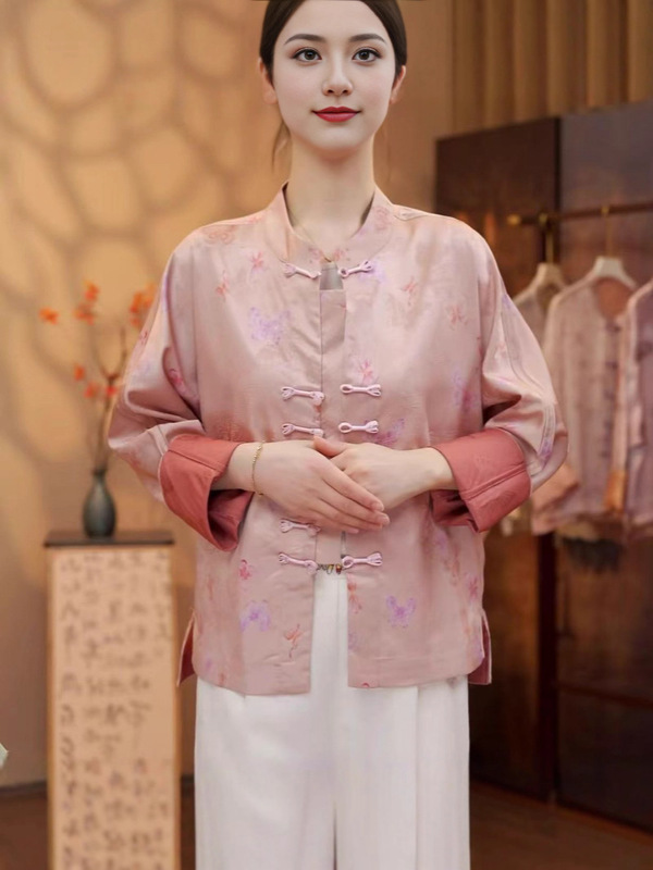 双面双穿新中式国2025春夏季复古盘扣桑蚕丝提花短款上衣开衫|undefined