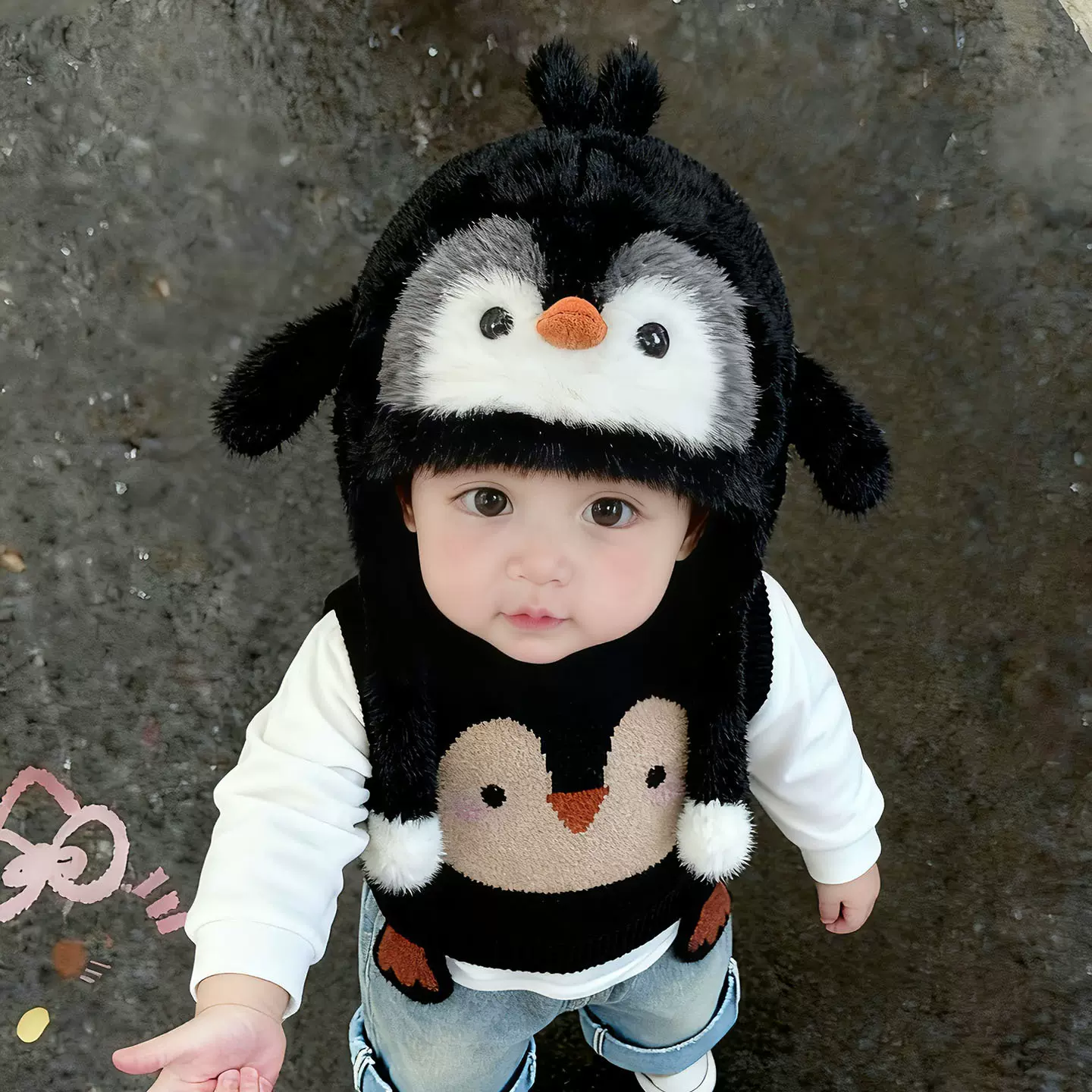 儿童帽子冬天毛绒帽可爱企鹅帽男女宝宝加厚保暖防风护耳帽雷锋帽