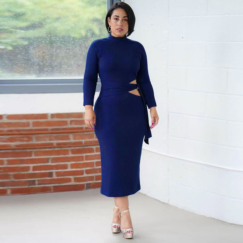 Solid Color Long Sleeve High Waist Hollow Tight-Fitting Mid-Length Dress