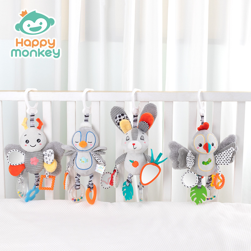 Happy monkey recién nacido calmar muñeca coche colgar cama colgar campana bebé campana cama juguetes de educación temprana para bebés