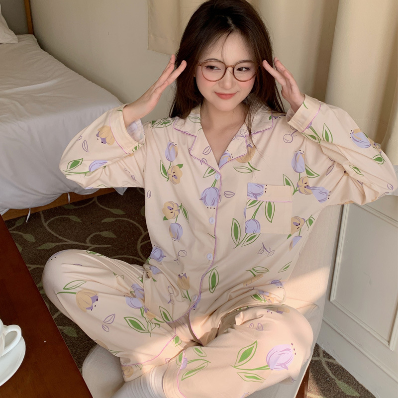 El comercio exterior de primavera y otoño pijamas algodón para las mujeres ins lindo dibujos animados solapa cardigan suelta delgada vestir prendas exteriores homewear