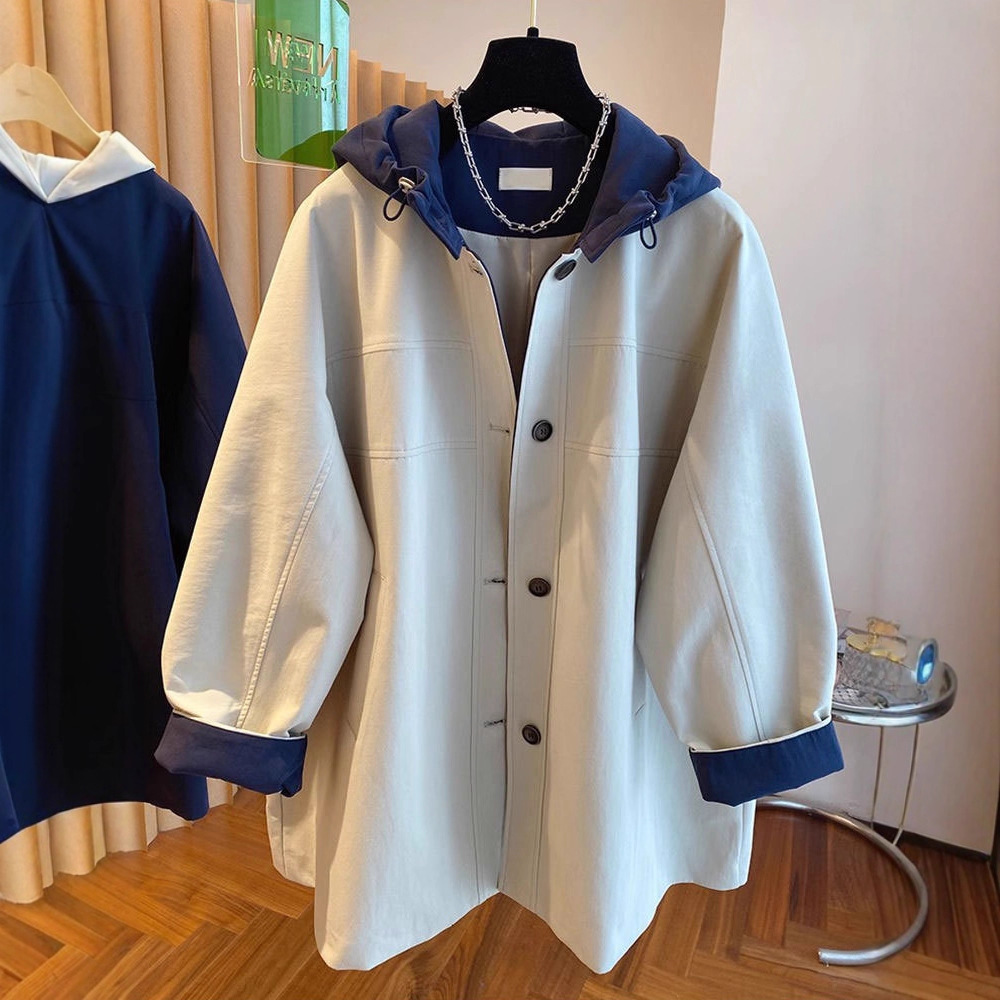 Contrast Color Splicing Hooded Mid-Length 2025 New Early Autumn Loose High-End Elegant Top Jacket Windbreaker for Women