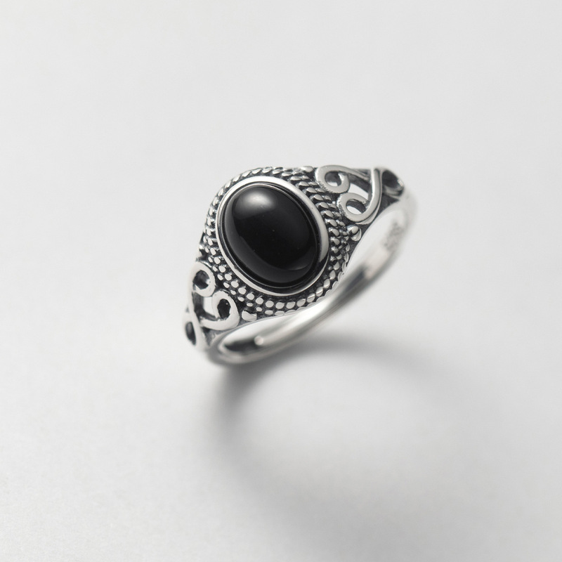 Amazon new jewelry Europe and the United States cross-border simple personality black agate ladies alloy versatile retro ring