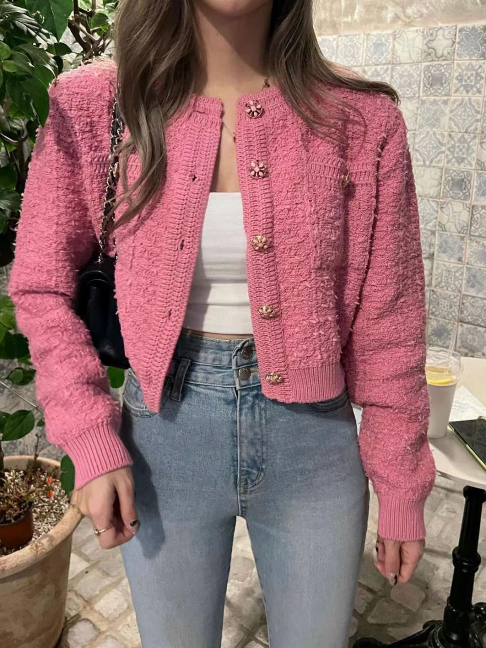 Nuevo estilo coreano de otoño y invierno suave pegajoso pequeño viento fragrante jersey de punto de camisa de estilo francés temperamento femenino delgado suéter de cuello redondo abrigo