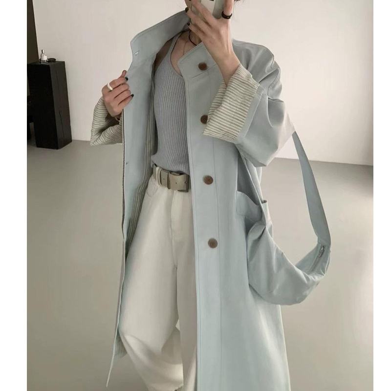 Trench coat feminino de comprimento médio, tendência primavera/outono 2025, estilo coreano, ideal para mulheres de estatura baixa._voghion.com
