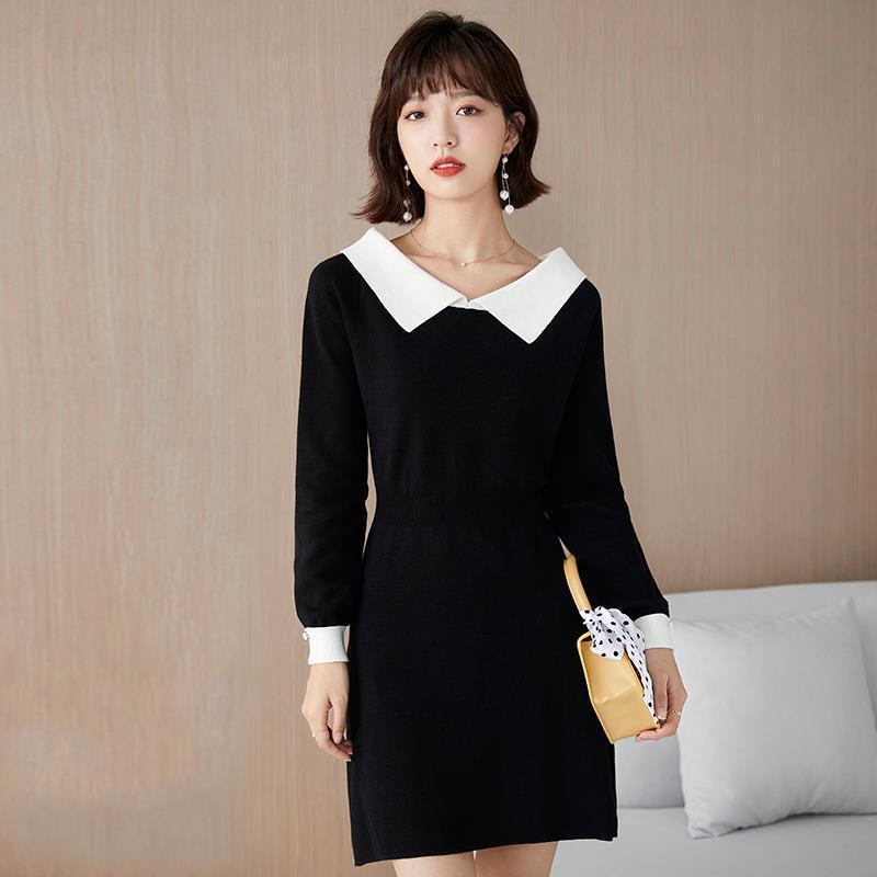 Knitted Dress Women's 2021 Spring and Autumn New Elegant Doll Collar Contrast Color Base A- line Skirt Winter Super Fairy Gentle