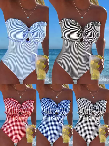2026 New European and American Style Striped Plaid One-Piece Swimsuit for Women, Slim Fit, Strapless, Tie-Up, Beach Vacation Swimwear