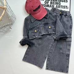 女童2024春秋裝牛仔套裝新款時髦美式工裝中大童款兒童闊腿褲兩件