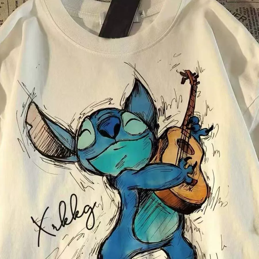 Футболка с коротким рукавом Stitch cartoon shirt 2025 лето печать свободная американская пара топы заказ шерпа