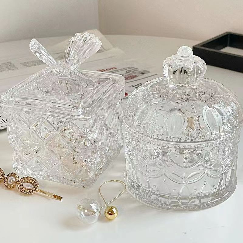 Ins-style crown relief glass jewelry box, vintage transparent decorative piece, exquisite candy jar, jewelry storage