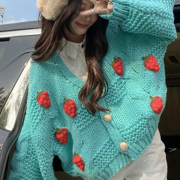 Korean Style Sweet Berry Sweater Soft Waxy Cardigan Jacket 2025 Autumn and Winter Loose Women's V-Neck Thick Wool Knitted Top